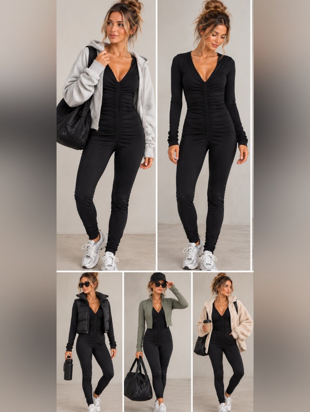 Free People Movement Long Sleeve Full Length Bodysuit Jumpsuit Rouched Size XS/S